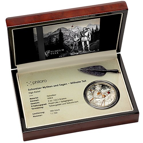 Silver Swiss Myths and Legends – William Tell 2 oz – High Relief 2025 in the original coin case