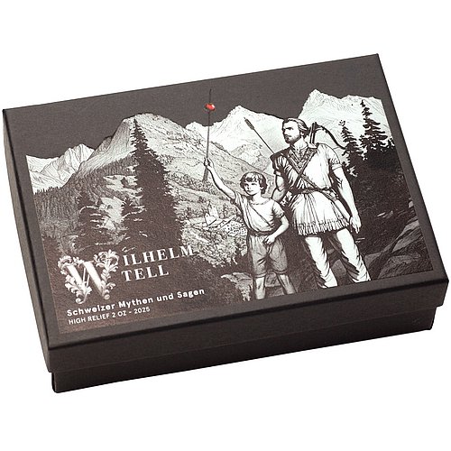 Silver Swiss Myths and Legends – William Tell 2 oz – High Relief 2025 - Packaging