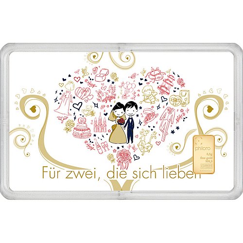 Ein Hochzeitspärchen ist umgeben von verschiedenen Hochzeitssymbolen. Auf der rechten Seite ist der philoro 0,5 g Goldbarren angebracht.