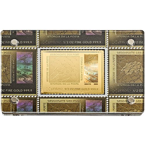 GOLDENE BRIEFMARKE - Erste Schweizer Bundesbriefmarke 1/2oz - 2025 - Rückseite hinter Glas