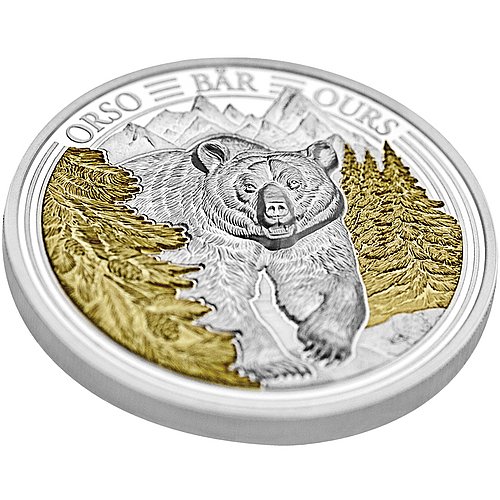 Side view of the Silver Swiss Wildlife – Bear 3 oz PP – Ultra High Relief 2025