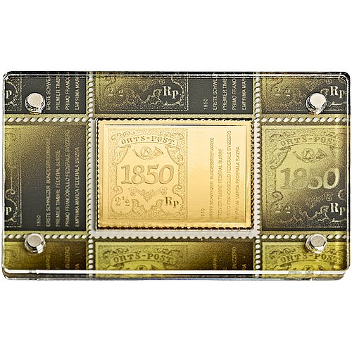 GOLDENE BRIEFMARKE - Erste Schweizer Bundesbriefmarke 1/2oz - 2025 - Vorderseite hinter Glas