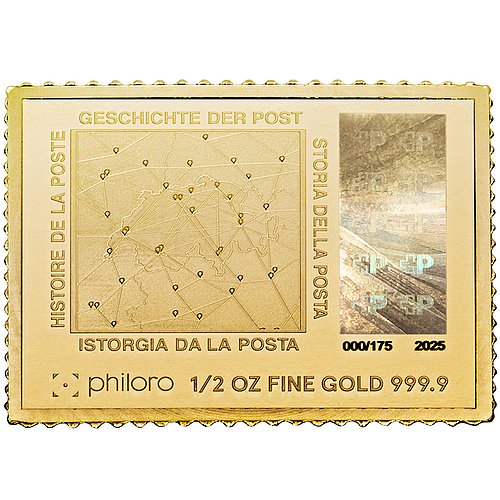 Rückseite der GOLDENE BRIEFMARKE - Erste Schweizer Bundesbriefmarke 1/2oz - 2025