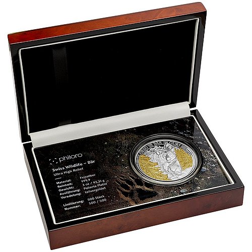 Original coin case of the Silver Swiss Wildlife – Bear 3 oz PP – Ultra High Relief 2025