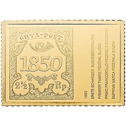 Vorderseite der GOLDENE BRIEFMARKE - Erste Schweizer Bundesbriefmarke 1/2oz - 2025