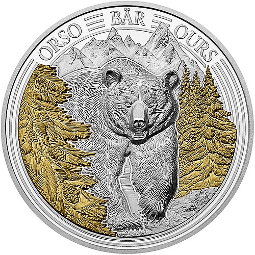 Front view of the Silver Swiss Wildlife – Bear 3 oz PP – Ultra High Relief 2025