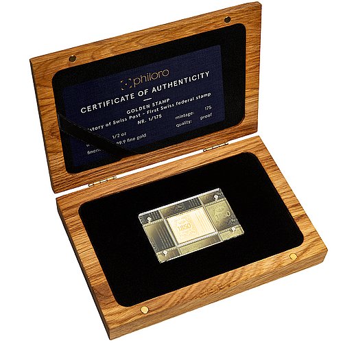 GOLDENE BRIEFMARKE - Erste Schweizer Bundesbriefmarke 1/2oz - 2025 - im Münzetui