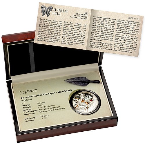 Silver Swiss Myths and Legends – William Tell 2 oz – High Relief 2025 in the original coin case